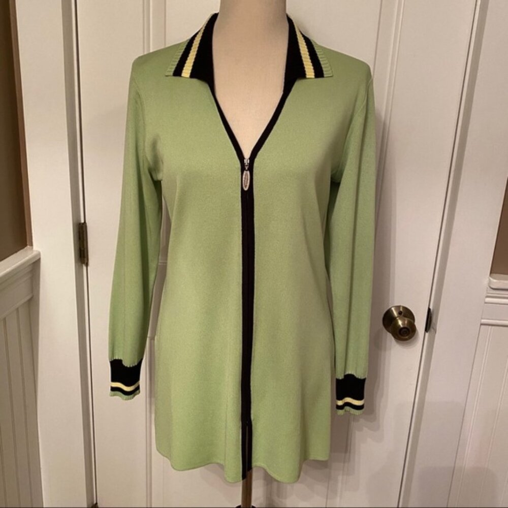 MISOOK SWEATER CARDIGAN JACKET GREEN BLACK ZIP FRONT LONG SLEEVE Size XS